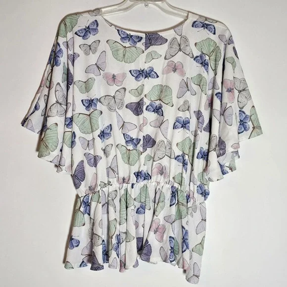 PrettyLittleThing Blouse Womens 2XL White Pastel Butterfly Kimono Top Plus Size - Picture 8 of 11